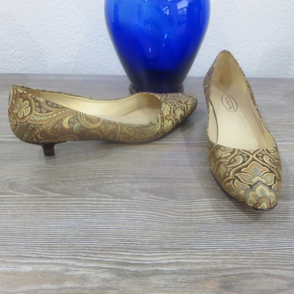 Talbots Brocade Kitten Heels Brown Tan Gold Blue 8